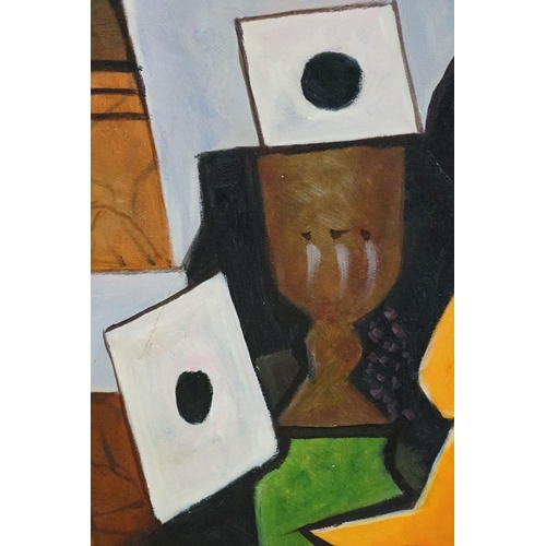 405 - Studio framed oil painting abstract still life of fruit, goblet and objects on a table, 43cm x 57.5c... 