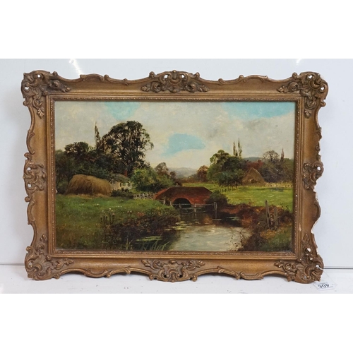 406 - Daniel Sherrin (1869 - 1940), ' No. 6 ', countryside river scene with bridge and cottage, oil on can... 