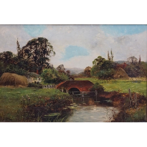 406 - Daniel Sherrin (1869 - 1940), ' No. 6 ', countryside river scene with bridge and cottage, oil on can... 