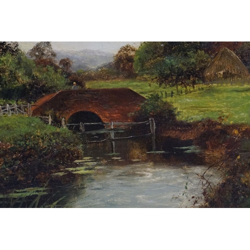 406 - Daniel Sherrin (1869 - 1940), ' No. 6 ', countryside river scene with bridge and cottage, oil on can... 