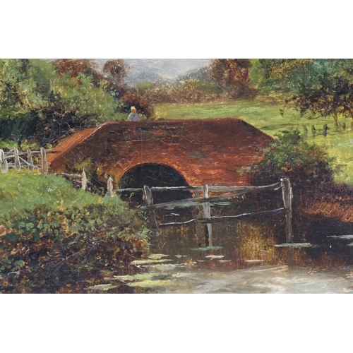 406 - Daniel Sherrin (1869 - 1940), ' No. 6 ', countryside river scene with bridge and cottage, oil on can... 