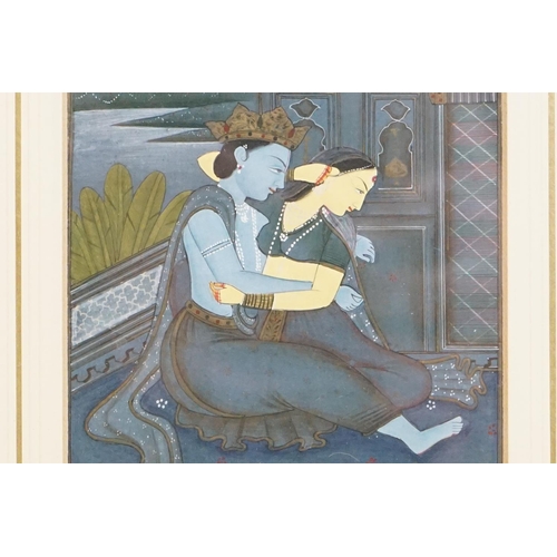 408 - Indian picture, depicting a couple beneath the night sky, 17 x 10cm, framed and glazed together with... 