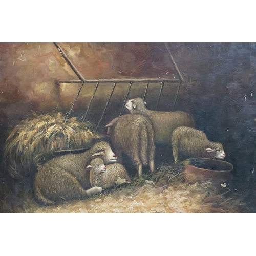 410 - Study of sheep in a barn, oil on board, indistinctly signed lower right, 29.5 x 40cm, framed