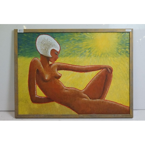 411 - Modern British School, reclining nude, oil on board, 55 x 75cm, framed