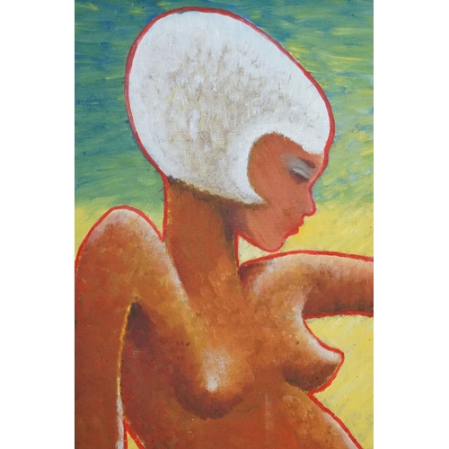 411 - Modern British School, reclining nude, oil on board, 55 x 75cm, framed