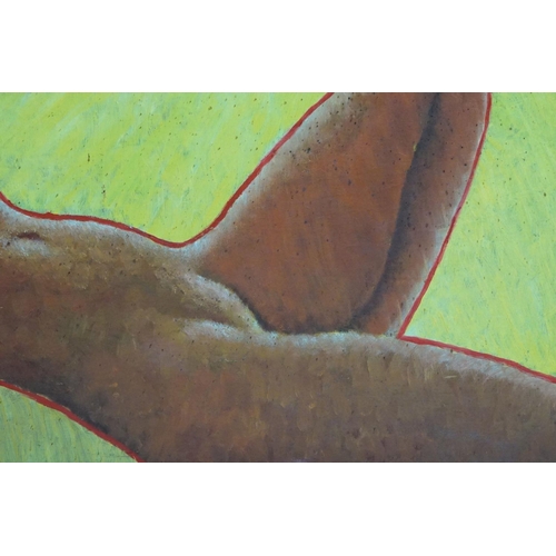 411 - Modern British School, reclining nude, oil on board, 55 x 75cm, framed