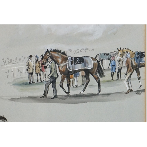 413 - Carolyn Alexander, (b.1948), a study of racehorses, watercolour, signed to the centre and dated 1969... 