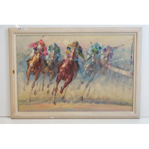 415 - Horse racing, oil on canvas, indistinctly signed in lower right, 60.5 x 91cm, framed