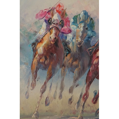 415 - Horse racing, oil on canvas, indistinctly signed in lower right, 60.5 x 91cm, framed