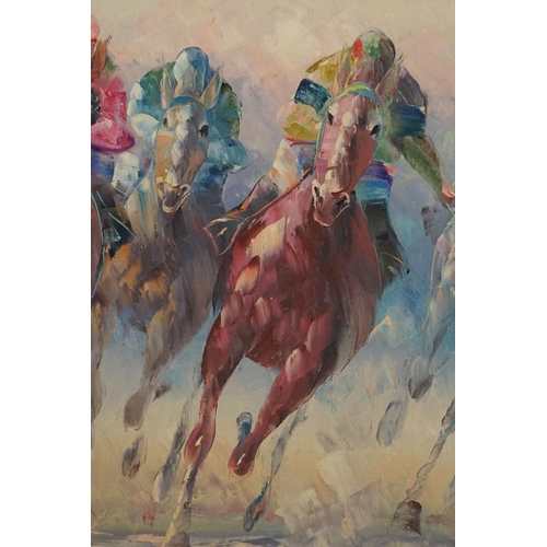 415 - Horse racing, oil on canvas, indistinctly signed in lower right, 60.5 x 91cm, framed