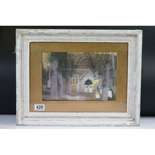 420 - Framed and glazed etching figure with umbrella by trees before a church entrance, 18.5cm x 28cm