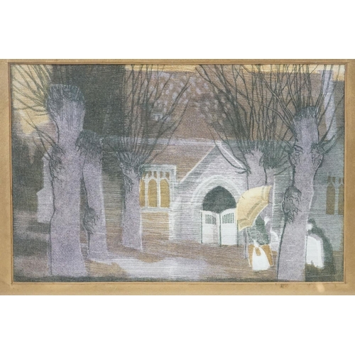 420 - Framed and glazed etching figure with umbrella by trees before a church entrance, 18.5cm x 28cm