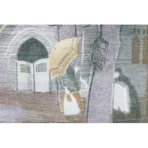 420 - Framed and glazed etching figure with umbrella by trees before a church entrance, 18.5cm x 28cm