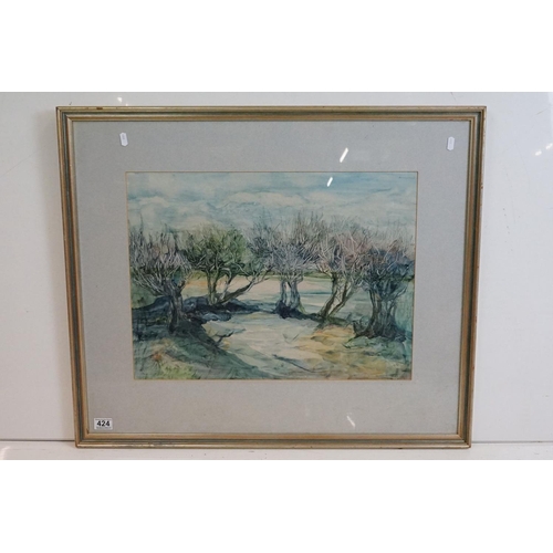 424 - Norma Tallin, 'Snow through the Hedge', watercolour, signed in pencil lower right, 42.5 x 57.5cm, Co... 