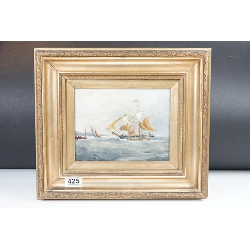 425 - Continental School, sailing boat in choppy seas, oil on canvas, 16 x 21cm, gilt framed