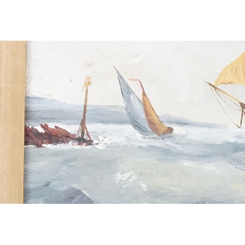 425 - Continental School, sailing boat in choppy seas, oil on canvas, 16 x 21cm, gilt framed