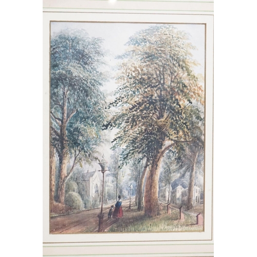 428 - Mary Webster 1846 watercolour, a view of Dr Marks School in Leamington with mother with child in for... 