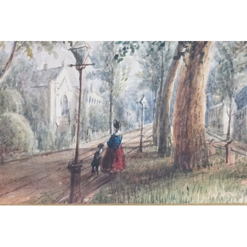 428 - Mary Webster 1846 watercolour, a view of Dr Marks School in Leamington with mother with child in for... 