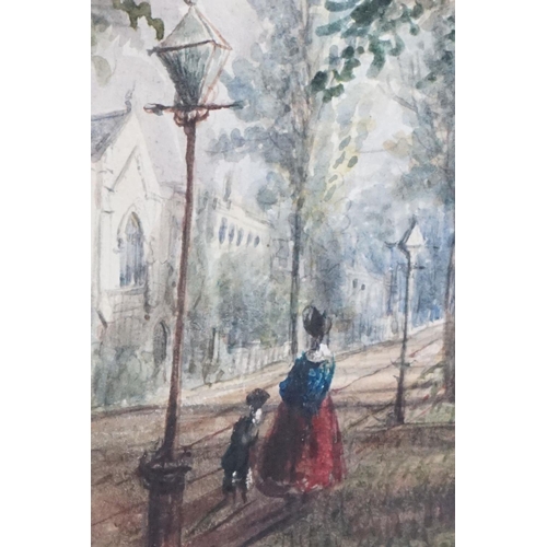 428 - Mary Webster 1846 watercolour, a view of Dr Marks School in Leamington with mother with child in for... 