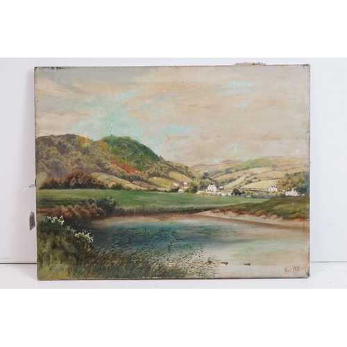 433 - Victorian Oil Painting on Canvas of Houses and a Lake in a Hilly Landscape, signed lower right Thor ... 