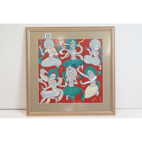 434 - South East Asian oil painting of traditional dancing woman, signed, 38cm x 38cm, framed and glazed