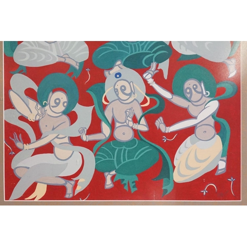 434 - South East Asian oil painting of traditional dancing woman, signed, 38cm x 38cm, framed and glazed