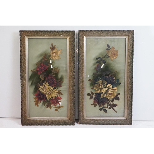 436 - Pair of Victorian Paintings on Glass of Roses, 60cm x 29cm, gilt framed