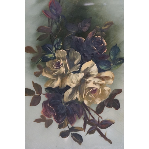 436 - Pair of Victorian Paintings on Glass of Roses, 60cm x 29cm, gilt framed