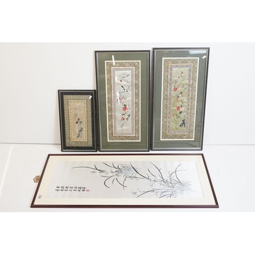 442 - Four Framed and Glazed Chinese Embroidered Silks, three depicting birds and foliage within a border ... 