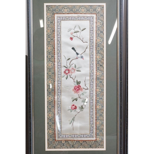 442 - Four Framed and Glazed Chinese Embroidered Silks, three depicting birds and foliage within a border ... 