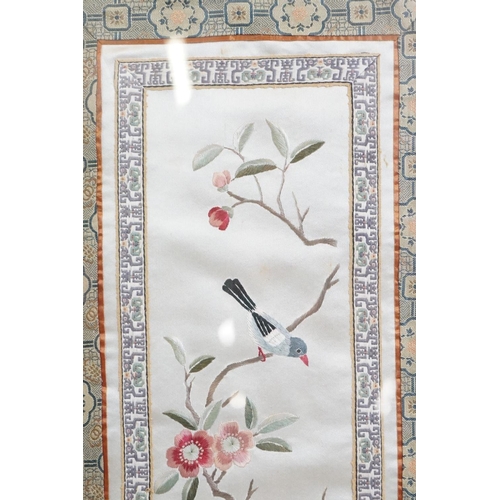 442 - Four Framed and Glazed Chinese Embroidered Silks, three depicting birds and foliage within a border ... 