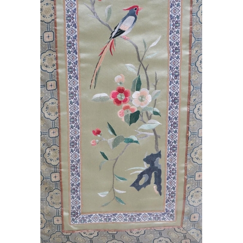 442 - Four Framed and Glazed Chinese Embroidered Silks, three depicting birds and foliage within a border ... 