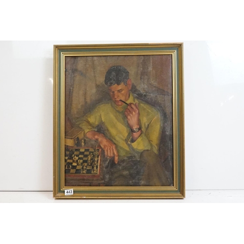 443 - 20th century oil on canvas of a portrait of a seated man with pipe, participating in a game of chess... 