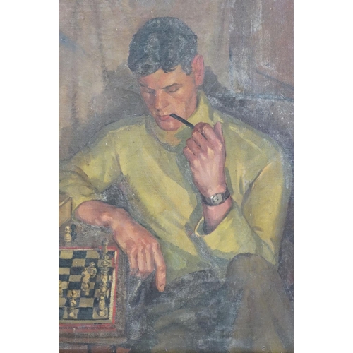 443 - 20th century oil on canvas of a portrait of a seated man with pipe, participating in a game of chess... 