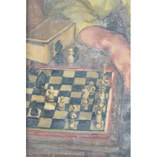 443 - 20th century oil on canvas of a portrait of a seated man with pipe, participating in a game of chess... 