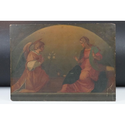 445 - Oil Painting on Panel, Religious Scene of a Woman being visited by an Angel, 29cm x 40cm