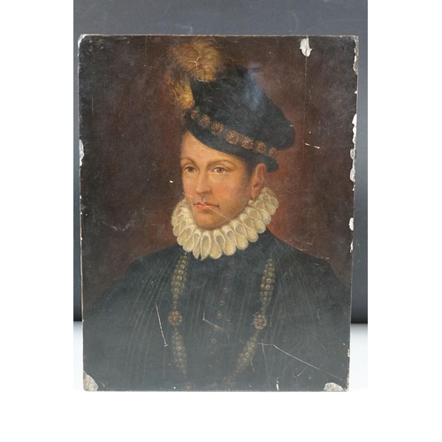 446 - Oil Painting Portrait on Panel of an Elizabethan Man dressed in a hat and ruffle, 34cm x 25cm