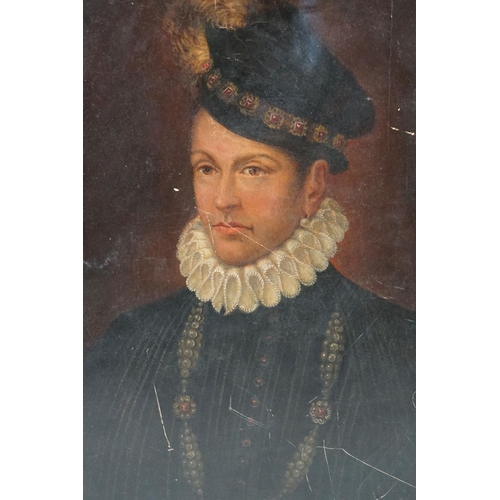 446 - Oil Painting Portrait on Panel of an Elizabethan Man dressed in a hat and ruffle, 34cm x 25cm