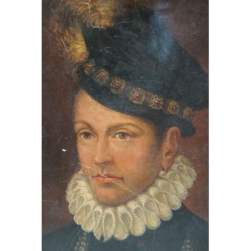 446 - Oil Painting Portrait on Panel of an Elizabethan Man dressed in a hat and ruffle, 34cm x 25cm