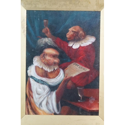 447 - Oil on board of a humorous caricature portrait of a dog and monkey in period costume celebrating a t... 