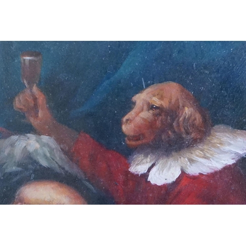 447 - Oil on board of a humorous caricature portrait of a dog and monkey in period costume celebrating a t... 