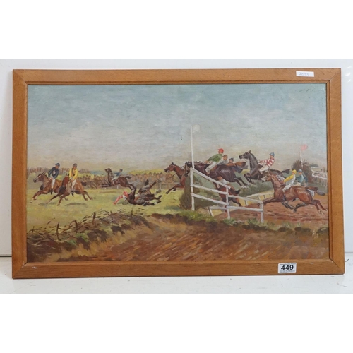 449 - 19th century English School, Oil Painting on Panel of a Faller at a Steeplechase, 37cm x 64cm, frame... 