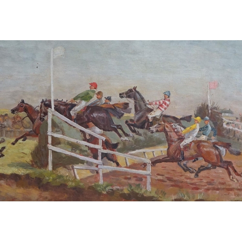 449 - 19th century English School, Oil Painting on Panel of a Faller at a Steeplechase, 37cm x 64cm, frame... 