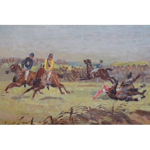 449 - 19th century English School, Oil Painting on Panel of a Faller at a Steeplechase, 37cm x 64cm, frame... 