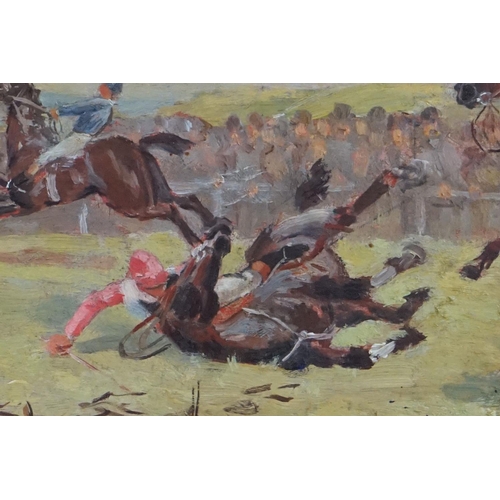 449 - 19th century English School, Oil Painting on Panel of a Faller at a Steeplechase, 37cm x 64cm, frame... 