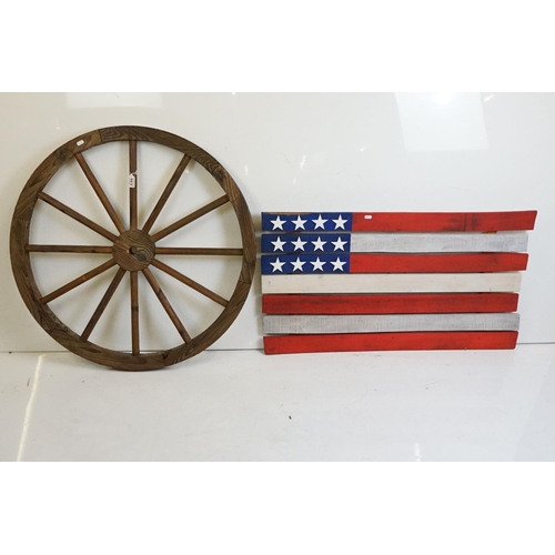 464 - Pine Replica Twelve Spoke Wagon Wheel, 90cm diameter together with a Slatted Wooden American Flag Si... 