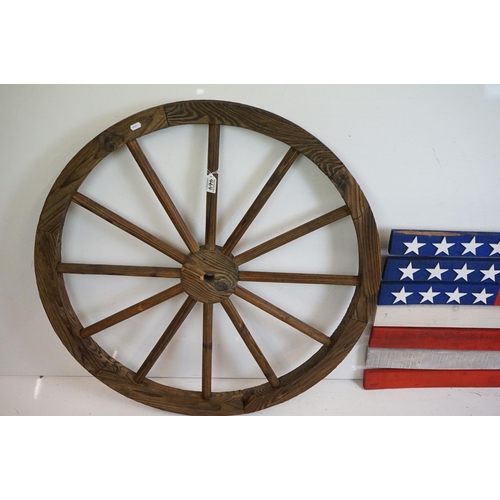 464 - Pine Replica Twelve Spoke Wagon Wheel, 90cm diameter together with a Slatted Wooden American Flag Si... 