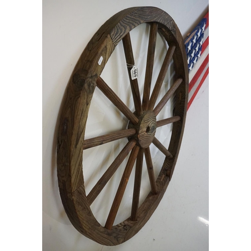 464 - Pine Replica Twelve Spoke Wagon Wheel, 90cm diameter together with a Slatted Wooden American Flag Si... 