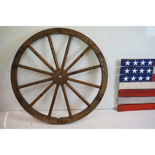 464 - Pine Replica Twelve Spoke Wagon Wheel, 90cm diameter together with a Slatted Wooden American Flag Si... 