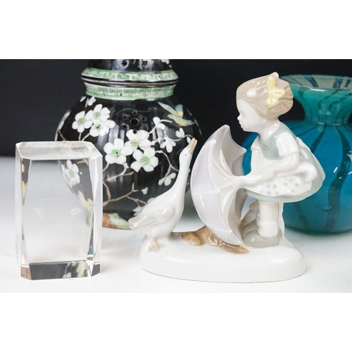 97 - Mixed glass & ceramics to include a large black studio glass vase with applied clear glass spiral (2... 